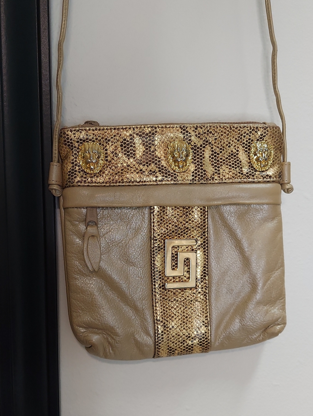 Cache Leather Bag, Gold Lion Greek Key Emblems, Snakeskin, Long Strap